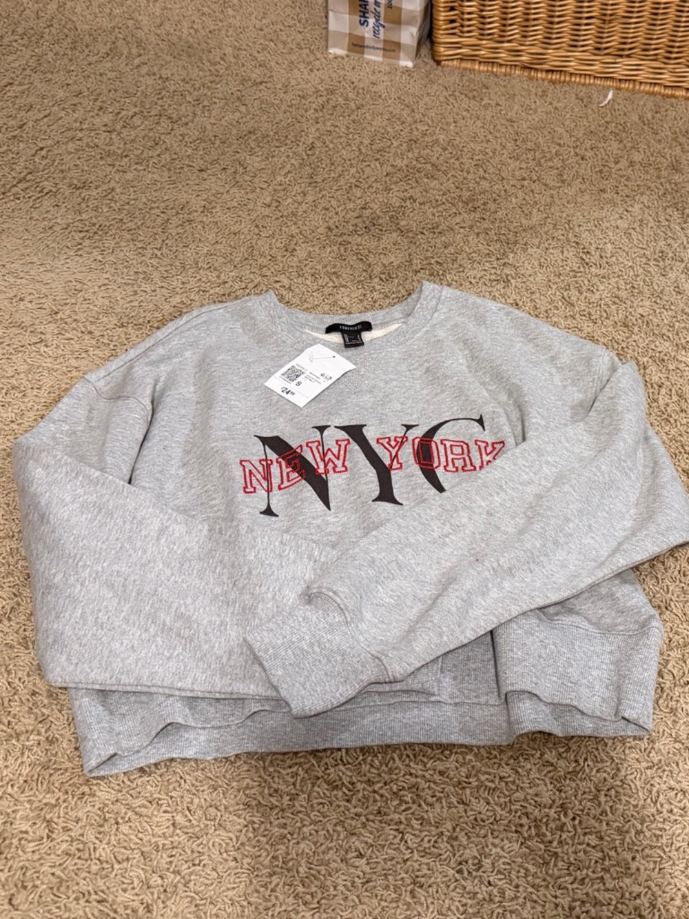 Forever 21 Gray Crewneck Sweatshirt with Red and Black NY Graphic